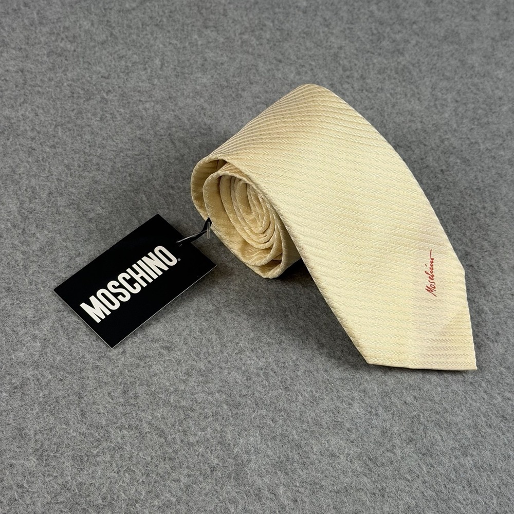 Vintage Moschino Tie Mens Ivory Cream Woven Logo Italy Made Designer 58x3.1"